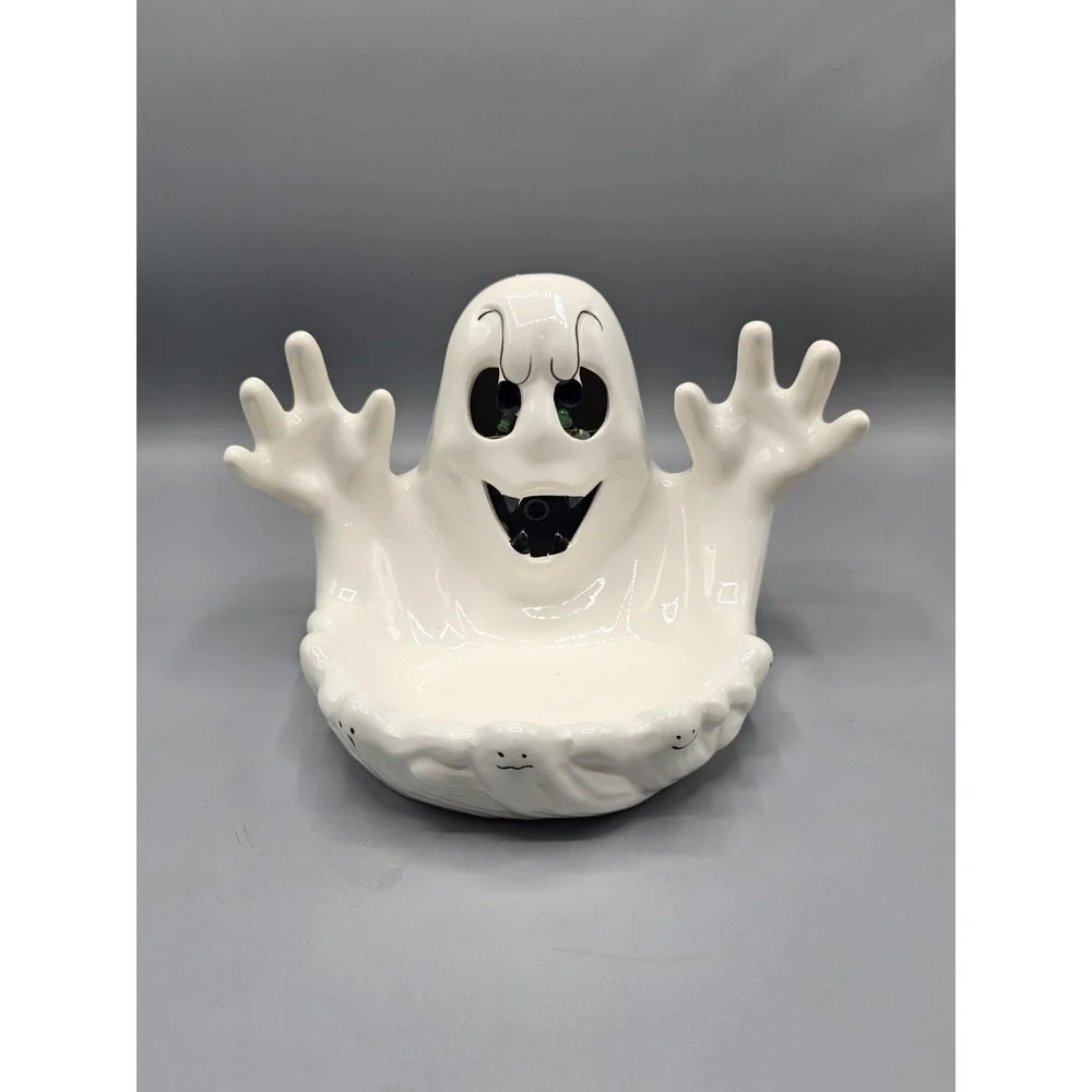 Vintage NCE 1992 Ghost Ceramic Halloween Candy Dish Bowl Boo! Lights Don't Work